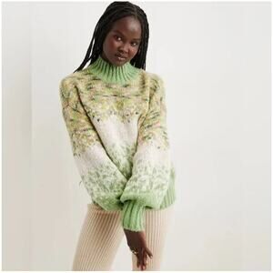 NWT Aerie Green Cream Blouson Ribbed Hem Turtleneck Oversize Sweater